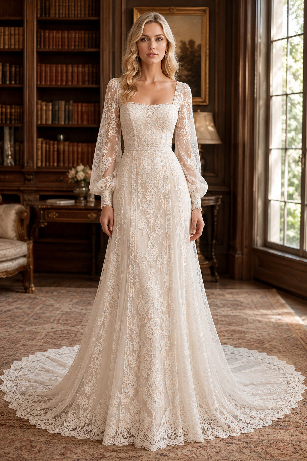 Ivory Square Neck Long Sleeve Lace A-Line Wedding Dress Train for Wedding Ceremony and Reception Style MG_701459 front view