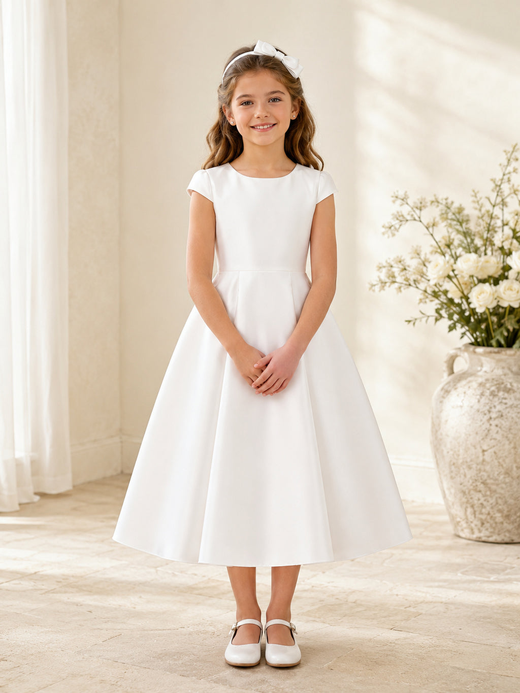 Simple Classic Cap Sleeve Satin Communion Flowergirl Tea Length Church Dress front view