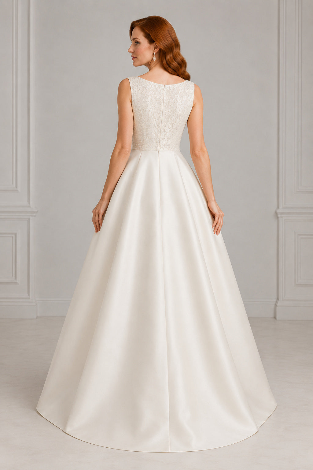 White Bateau Satin Ball Gown Wedding Dress with Sleeveless Bodice and Full Floor Skirt back view