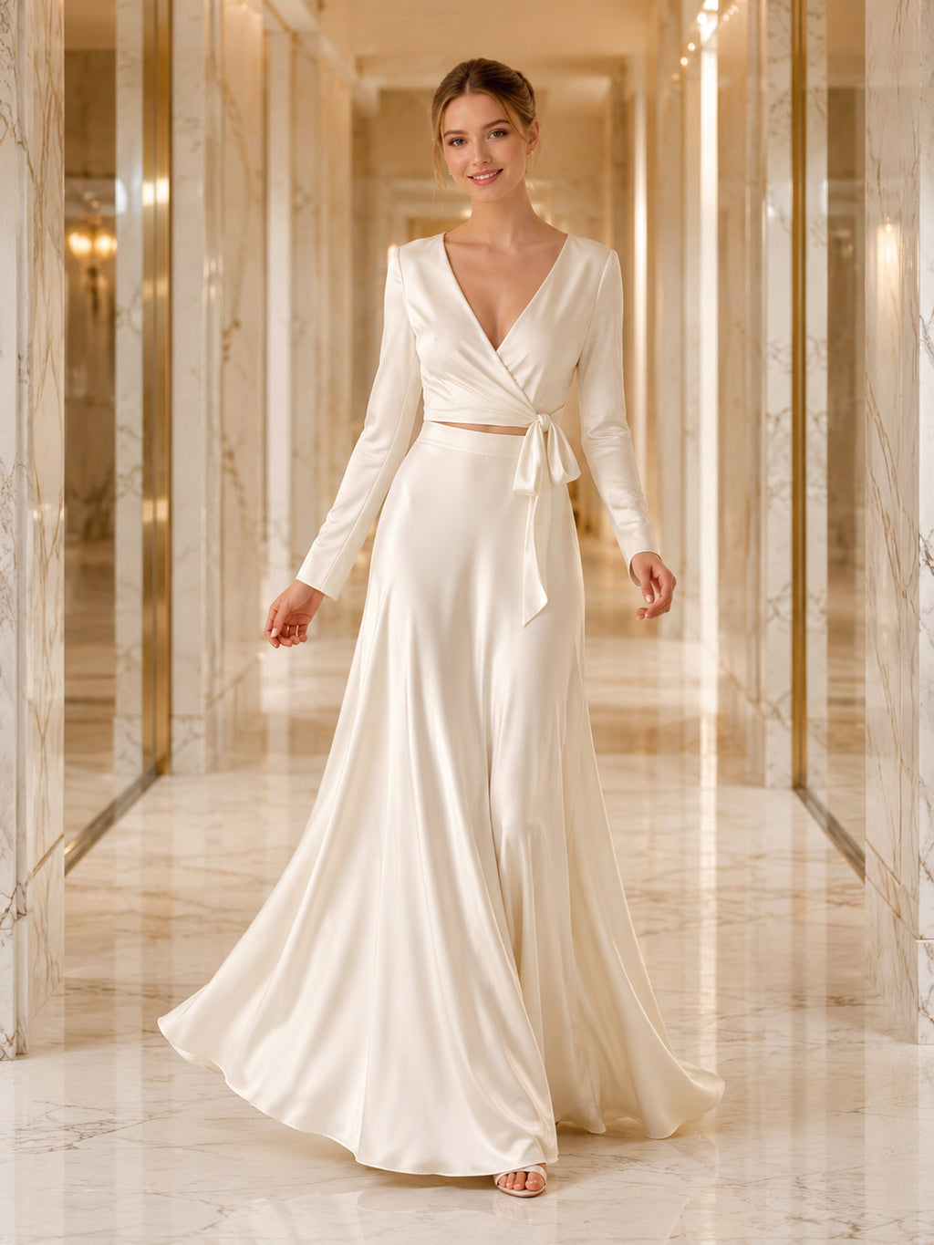 Wrap Top Satin Skirt Two-Piece Civil Bridal Gown front view