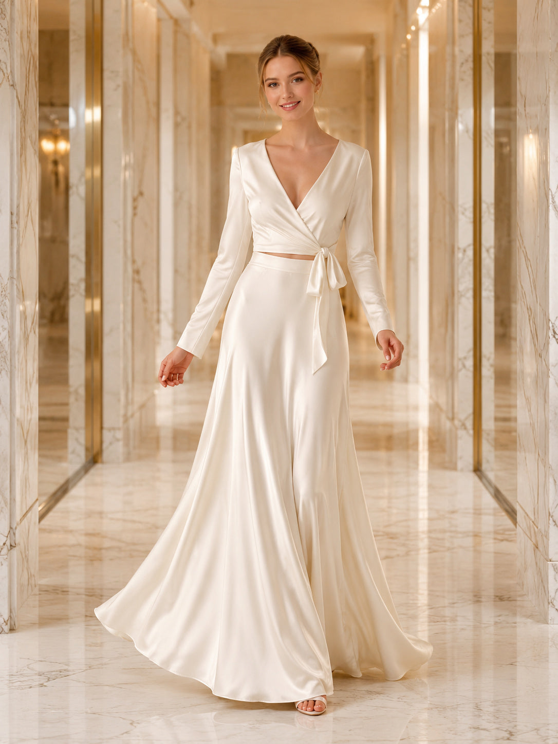 Wrap Top Satin Skirt Two-Piece Civil Bridal Gown front view