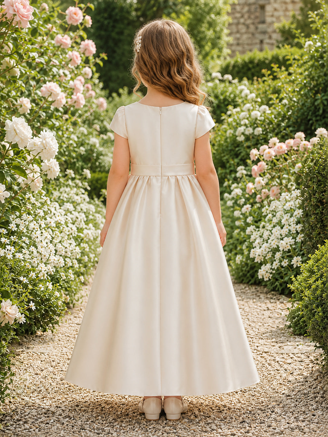 Elegant Ankle-Length A-Line Garden Flower Girl Champagne Satin Floral Cap Sleeve Bateau Dress back view