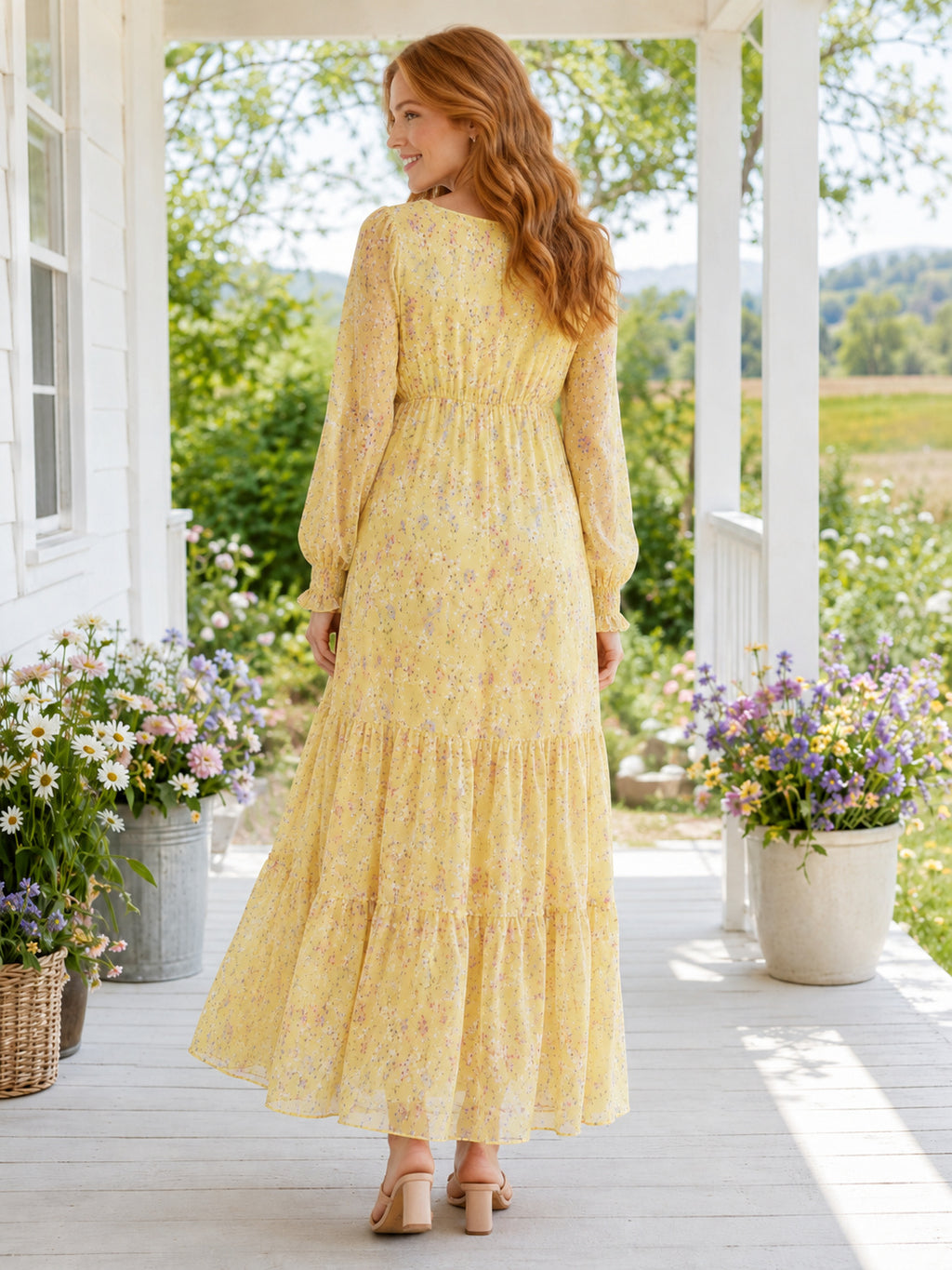Daffodil Floral Maternity Long Poet Sleeve Tiered A-Line Ankle Length Spring Dress back view