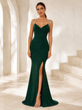 Dark Green Spaghetti Crystal Strap Slit Gown front view