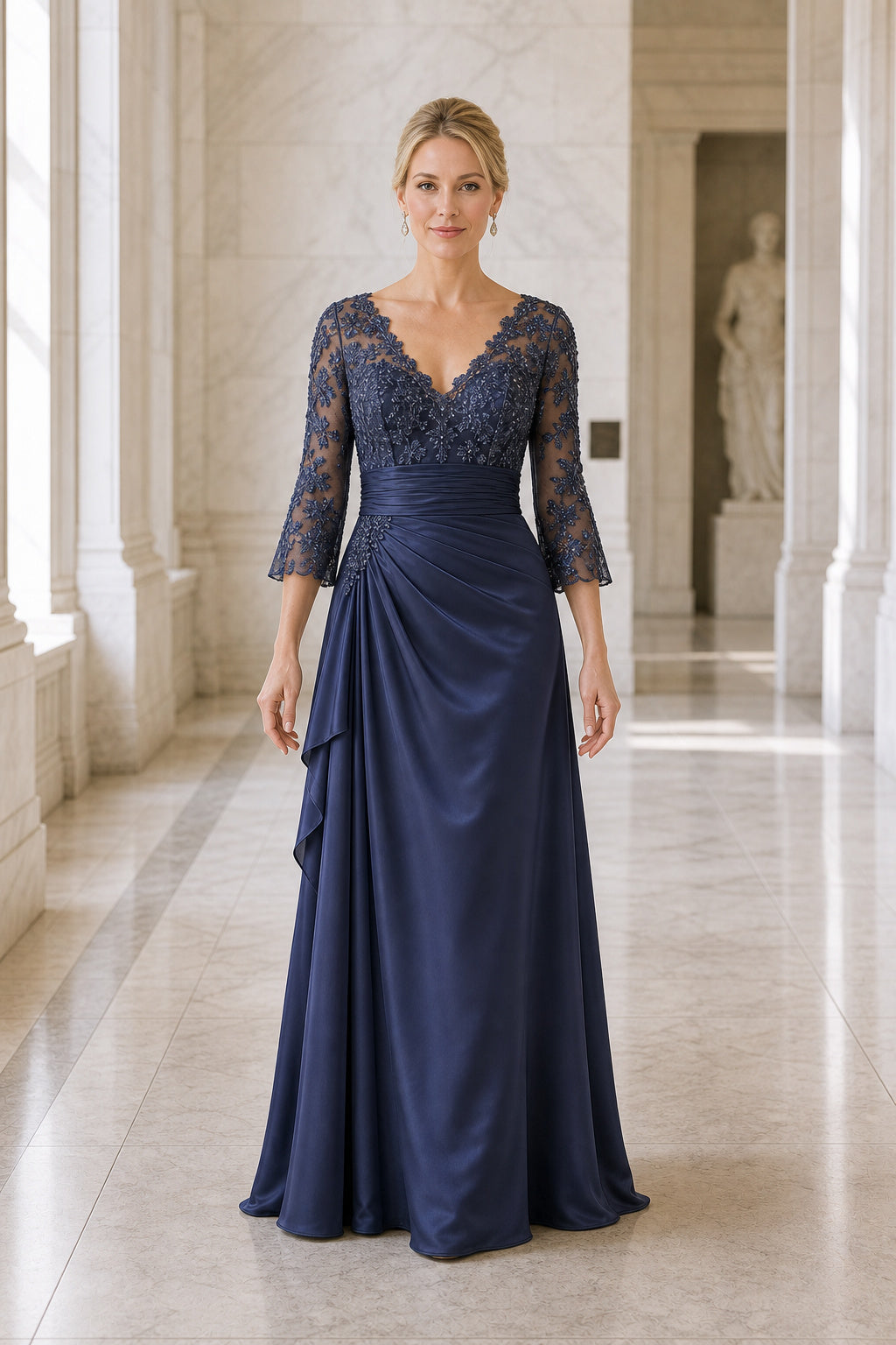 Navy V-neck Three-Quarter Sleeve Sheath Satin Floor-Length Dress With Lace Overlay
