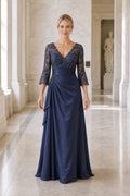 Navy V-neck Three-Quarter Sleeve Sheath Satin Floor-Length Dress With Lace Overlay