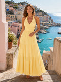 Yellow Halter Tiered Coastal Village Vacation Midi Dress front view