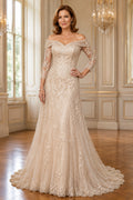 Champagne Off Shoulder Lace A-Line Mother Dress with Three Quarter Sleeves and Train front view
