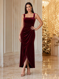 Burgundy Square Neck Sleeveless Ruched Velvet Sheath Ankle Length Slit Dress front view