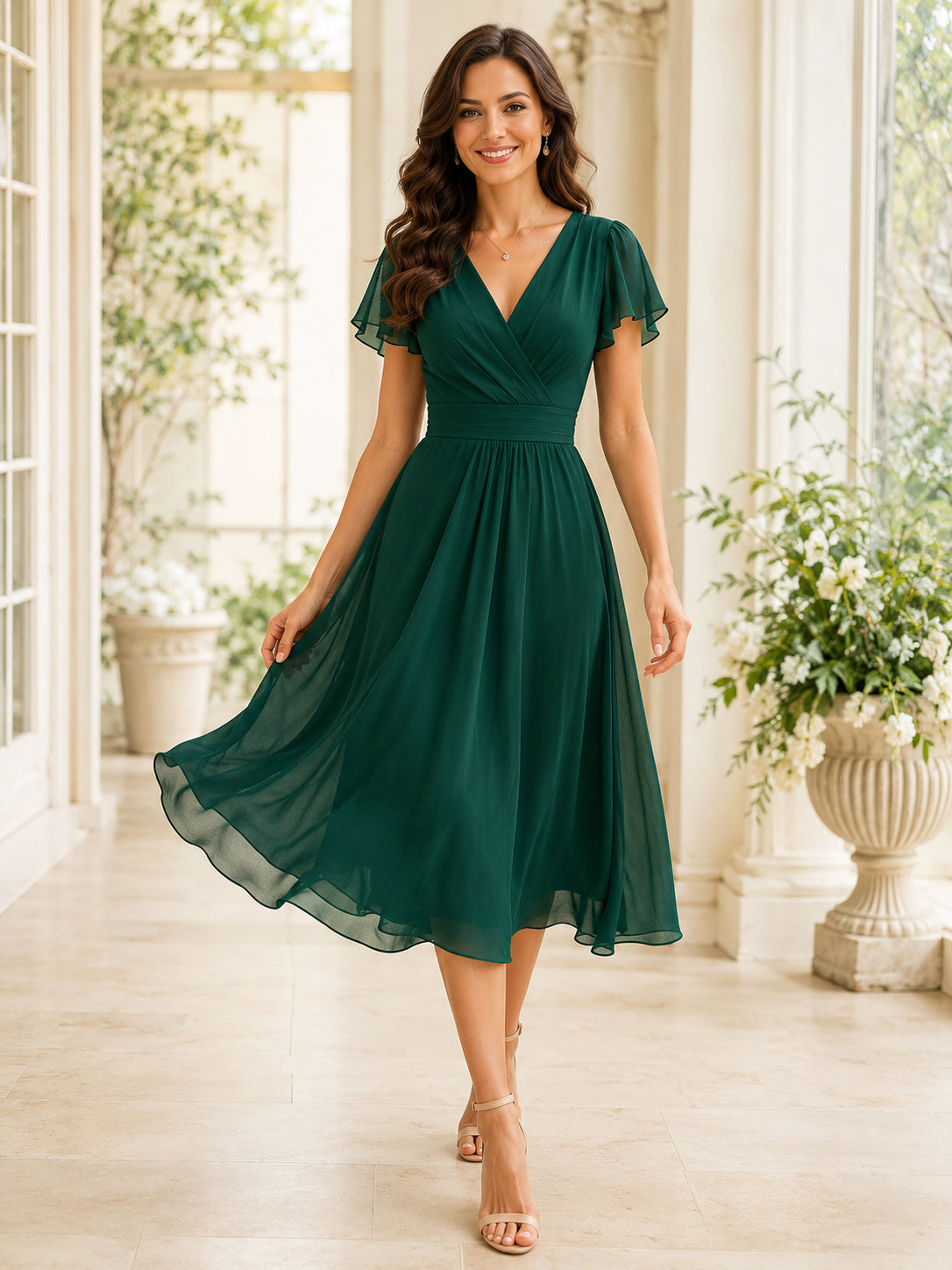 Dark Green Chiffon V-neck Flutter Cocktail Dress front view