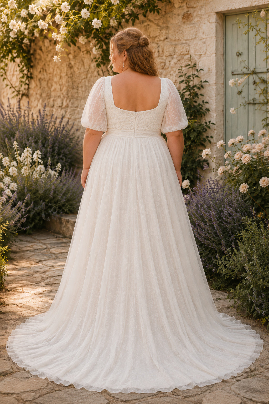 White Plus Size Square Neck Chiffon A-Line Wedding Dress with Puff Sleeves and Soft Train back view