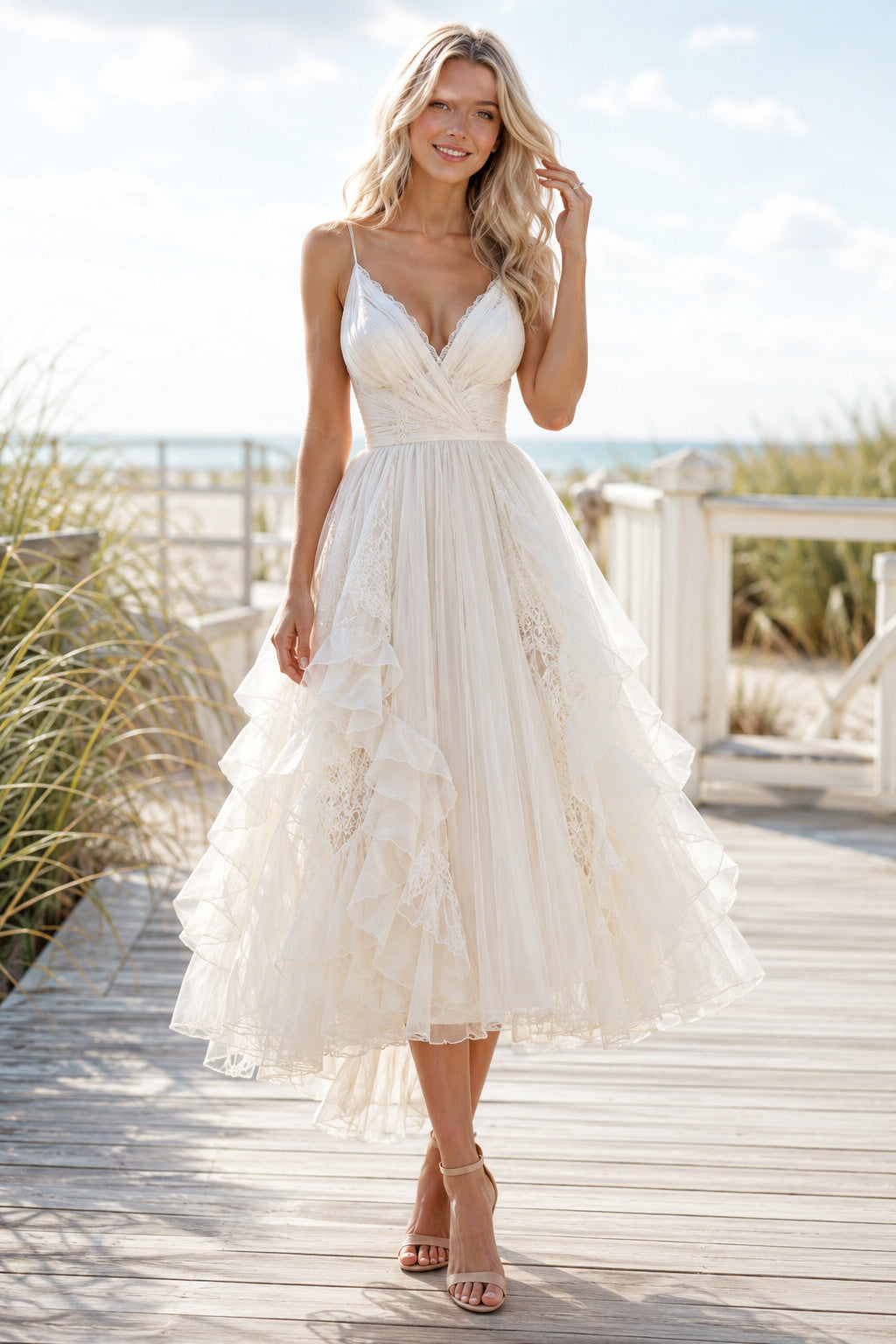 Ivory V-Neck Strap Sleeveless Organza Tulle Tea-Length Wedding Dress with Layered Ruffle Tulle Skirt front view