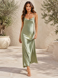 Sage Spaghetti Satin Slip Occasion Dress front view