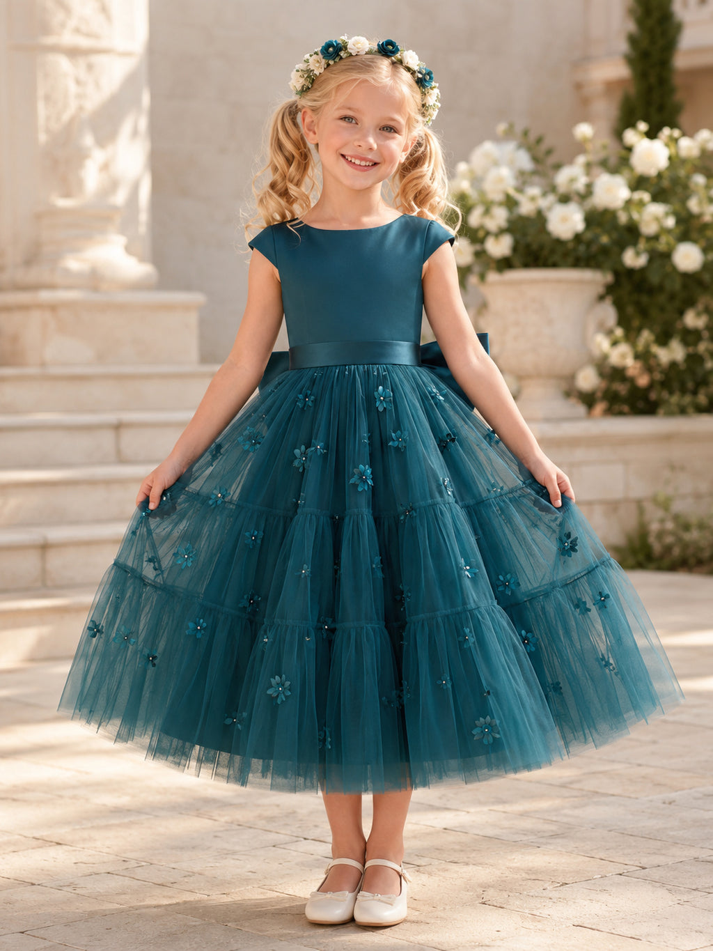 Teal Blue Layered Tulle A-Line Flower Girl Garden Dress with Cap Sleeves Floral Appliques and Ruffles front view