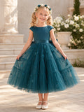 Teal Blue Layered Tulle A-Line Flower Girl Garden Dress with Cap Sleeves Floral Appliques and Ruffles front view