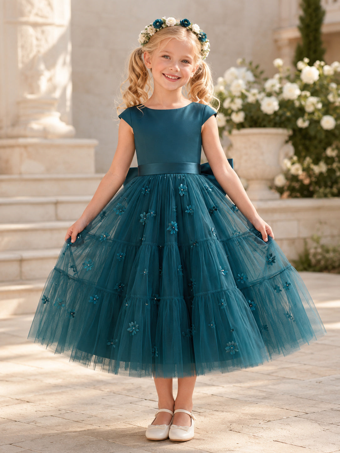 Teal Blue Layered Tulle A-Line Flower Girl Garden Dress with Cap Sleeves Floral Appliques and Ruffles front view