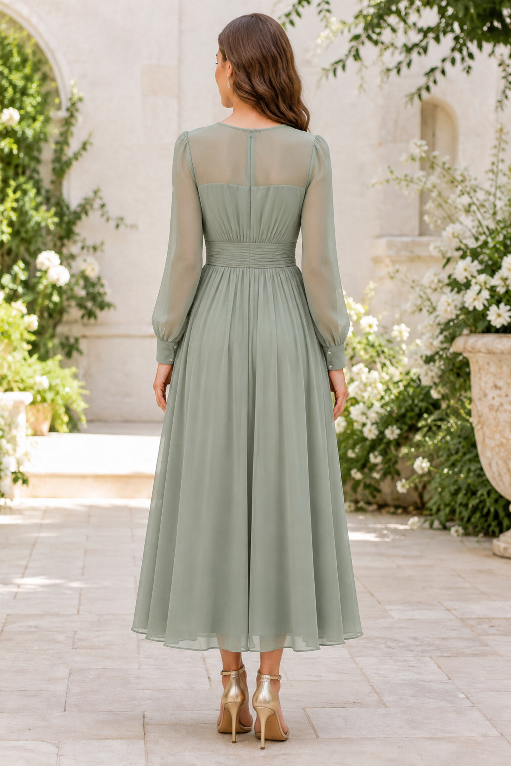 Dusty Rose Modest Wedding Guest Sheath Dress back view