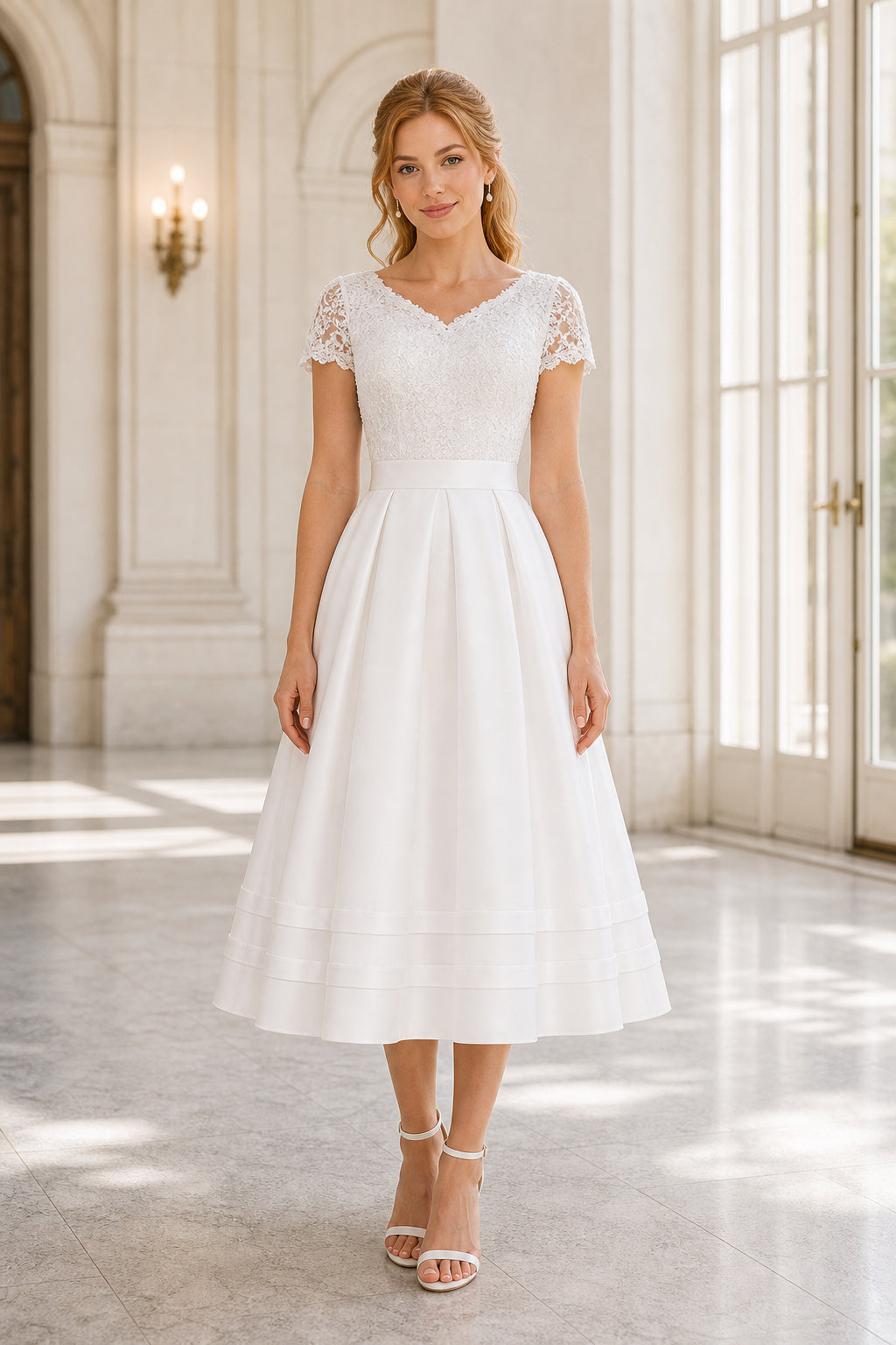 White Illusion Cap Sleeves Mermaid Satin, Lace Tea-length Wedding Dress With Lace