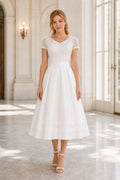 White Illusion Cap Sleeves Mermaid Satin, Lace Tea-length Wedding Dress With Lace