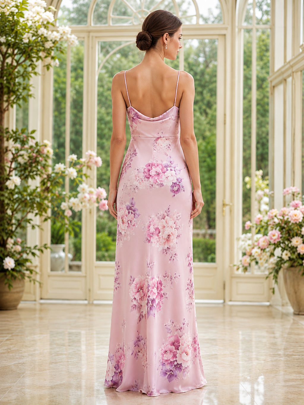 Soft Pink Floral Cowl Neck Spaghetti Strap Floor Length Sheath Dress back view