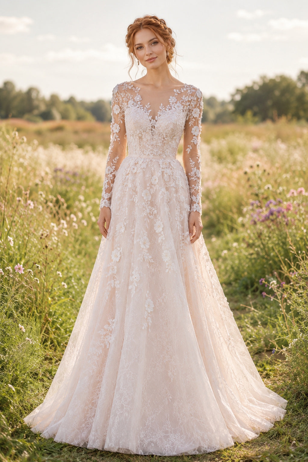 Blushing Pink Long Sleeve Lace A-Line Wedding Dress with Illusion Back front view