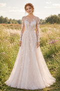 Blushing Pink Long Sleeve Lace A-Line Wedding Dress with Illusion Back front view