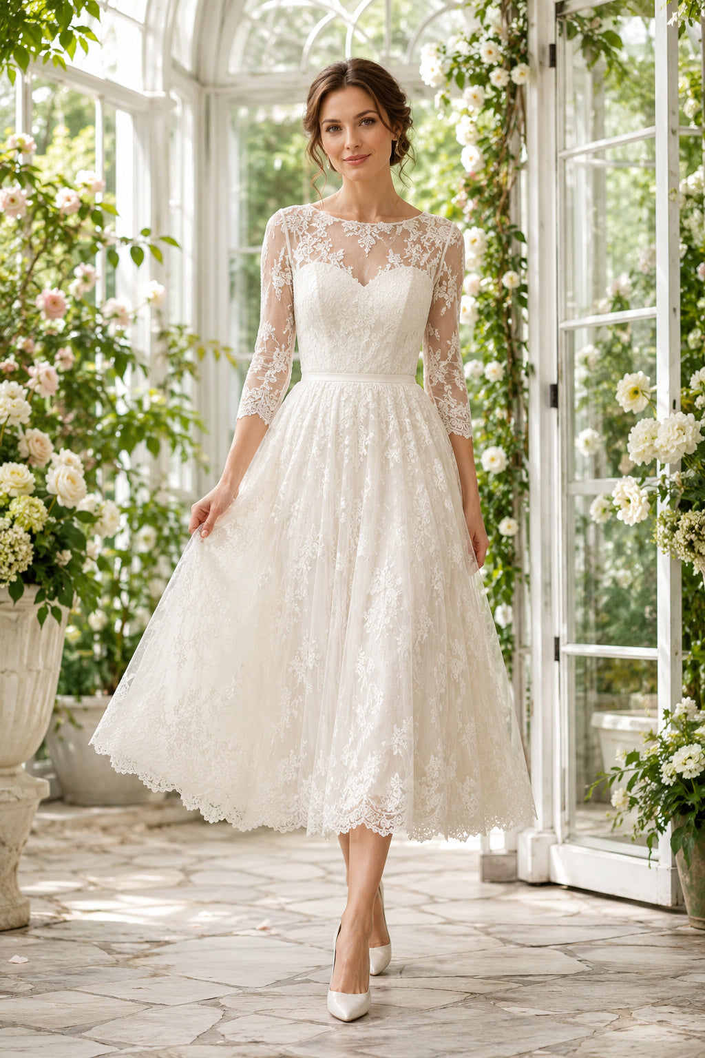 Long Sleeve Lace Tea Length Wedding Dress front view