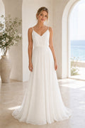 Champagne Sweetheart A-Line Crepe Floor-length Wedding Dress With Beaded Bodice and Pleated Skirt and Open Back