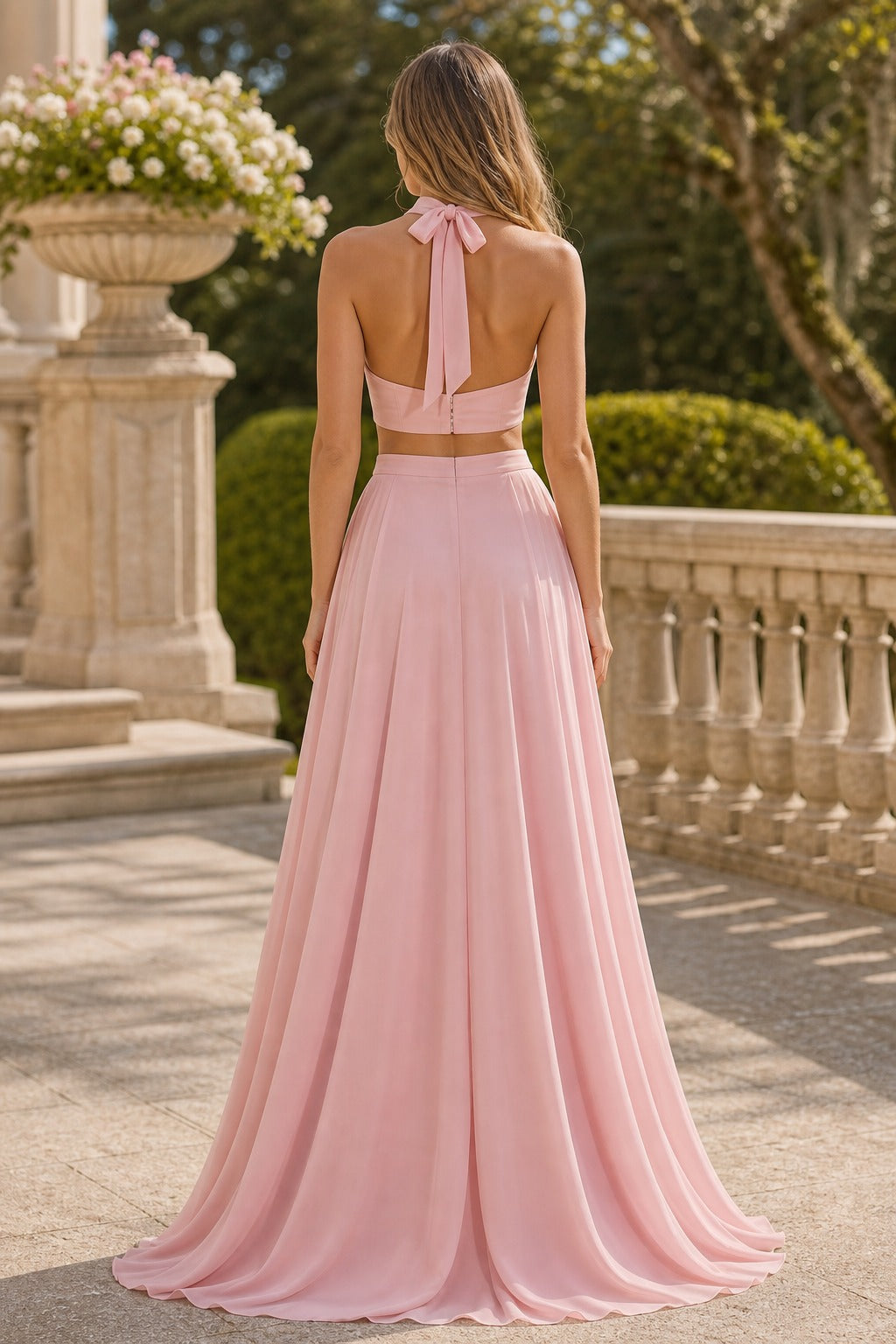 Blush Two-Piece Halter Floor-Length Chiffon A-Line Dress
