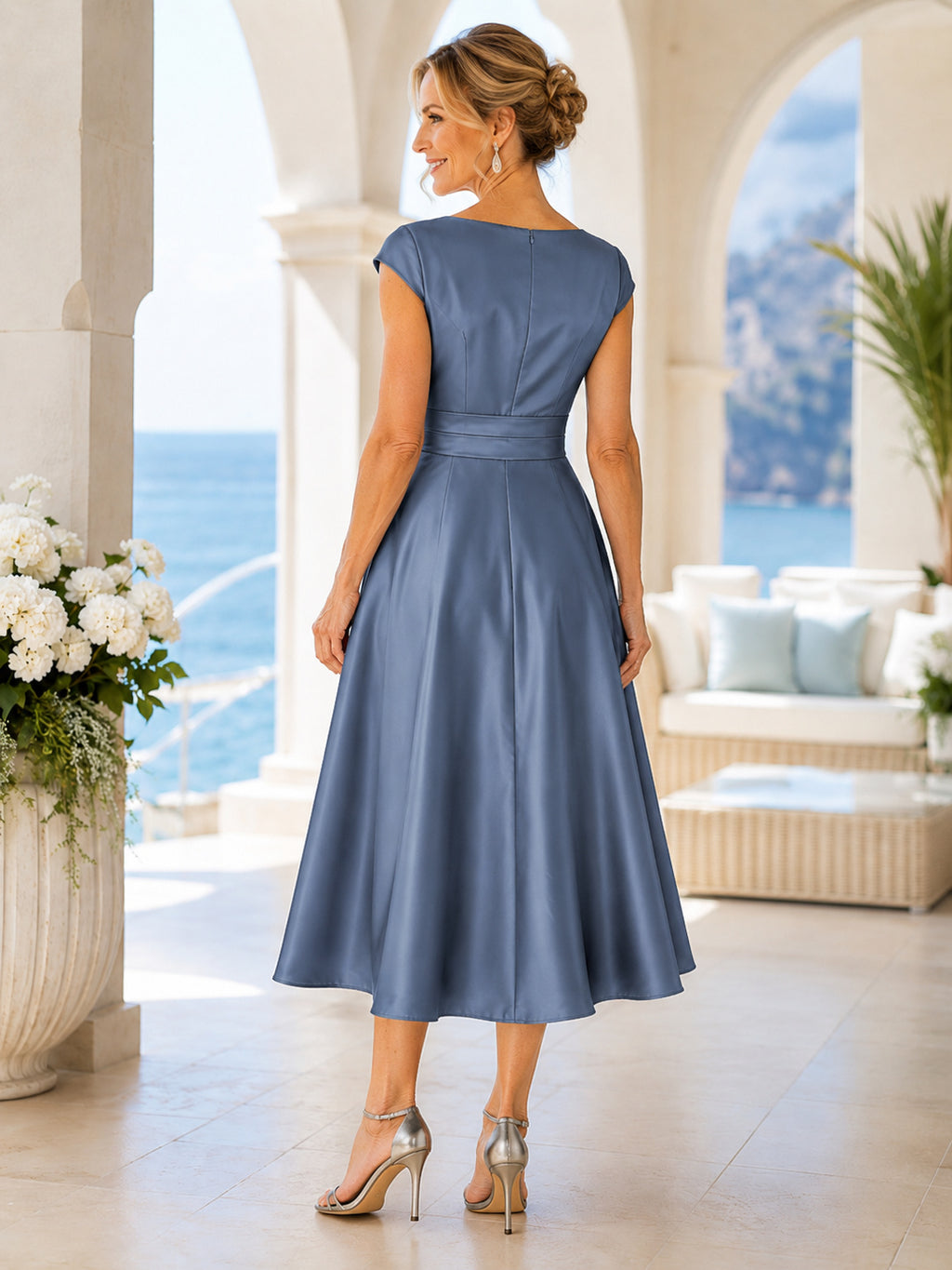 Steel Blue Elegant Scoop-Neck Cap-Sleeve Pleated-Bodice Satin Tea-Length Mother of the Bride Dress back view
