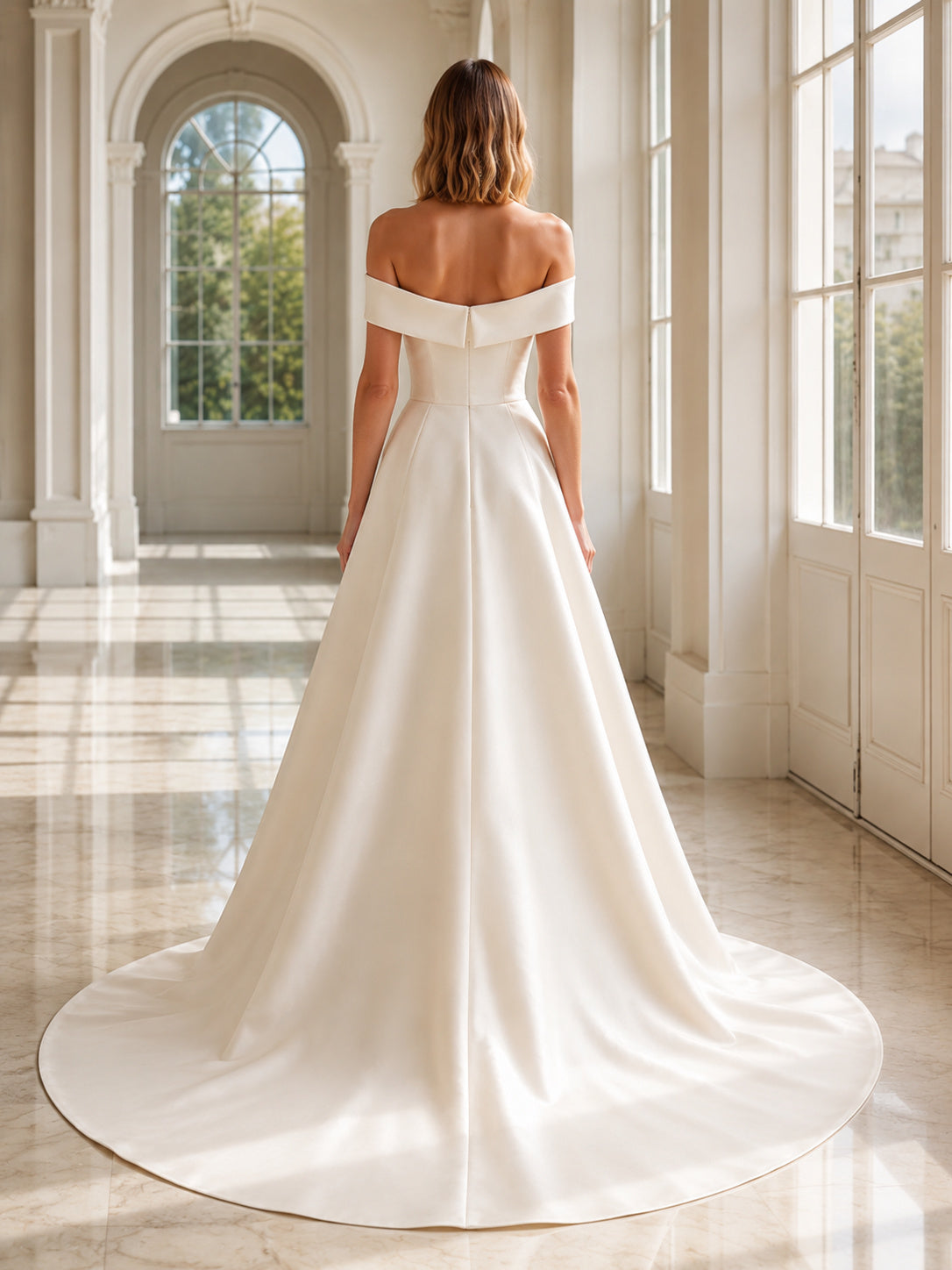 Satin Wedding Dress A-Line Off Shoulder Floor Length with Slit Low V Back Bridal Gown back view