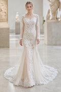 White V-neck Mermaid Crepe, Lace Floor-length Wedding Dress With Lace and Beaded Waist and Open Back