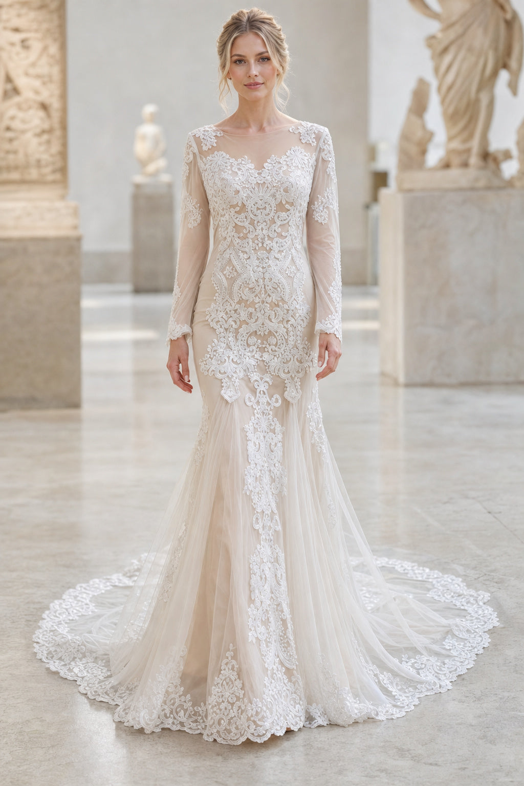 White V-neck Mermaid Crepe, Lace Floor-length Wedding Dress With Lace and Beaded Waist and Open Back