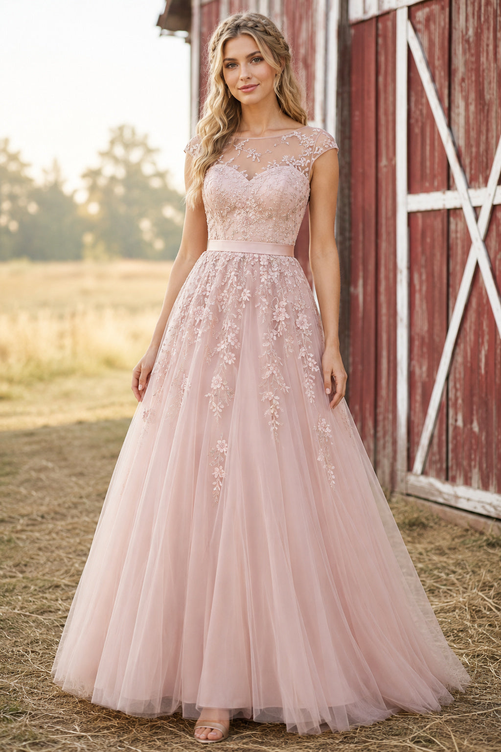 Blushing Pink Illusion Lace Applique Bodice with Full Tulle Skirt Floor Length A-Line Prom Dress front view
