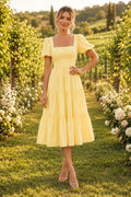 Daffodil Square Neck Tiered Chiffon Tea-Length Dress front view