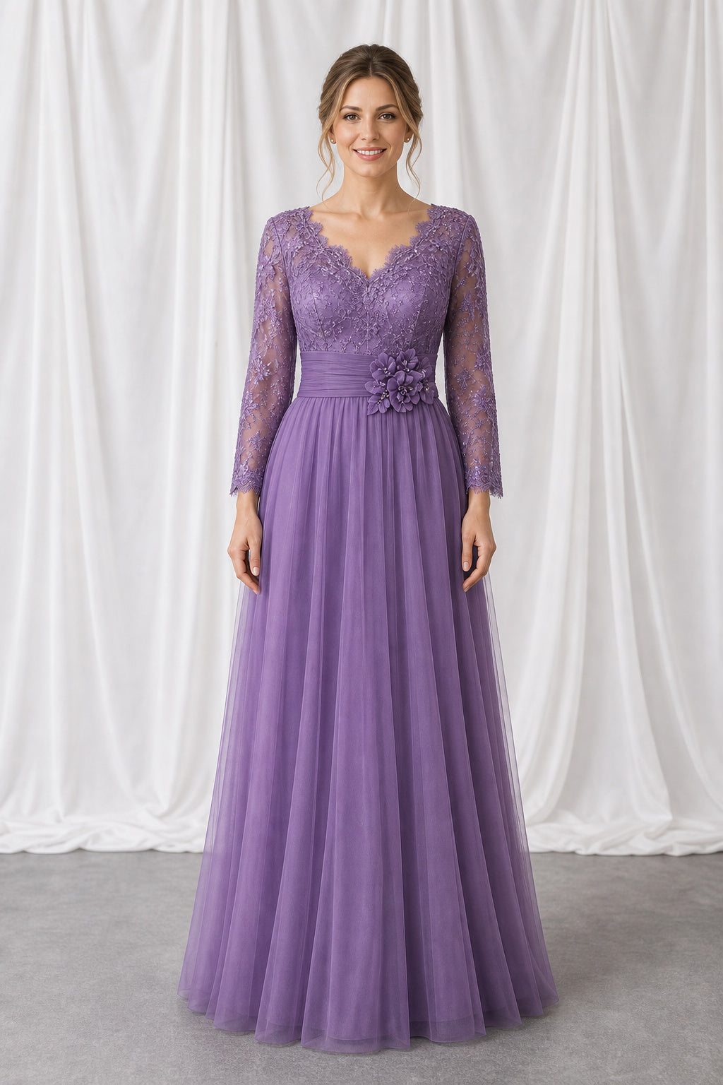 Lavender V-neck Long Sleeve A-Line Tulle Floor-Length Dress With Lace Bodice