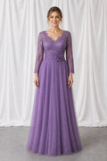 Lavender V-neck Long Sleeve A-Line Tulle Floor-Length Dress With Lace Bodice