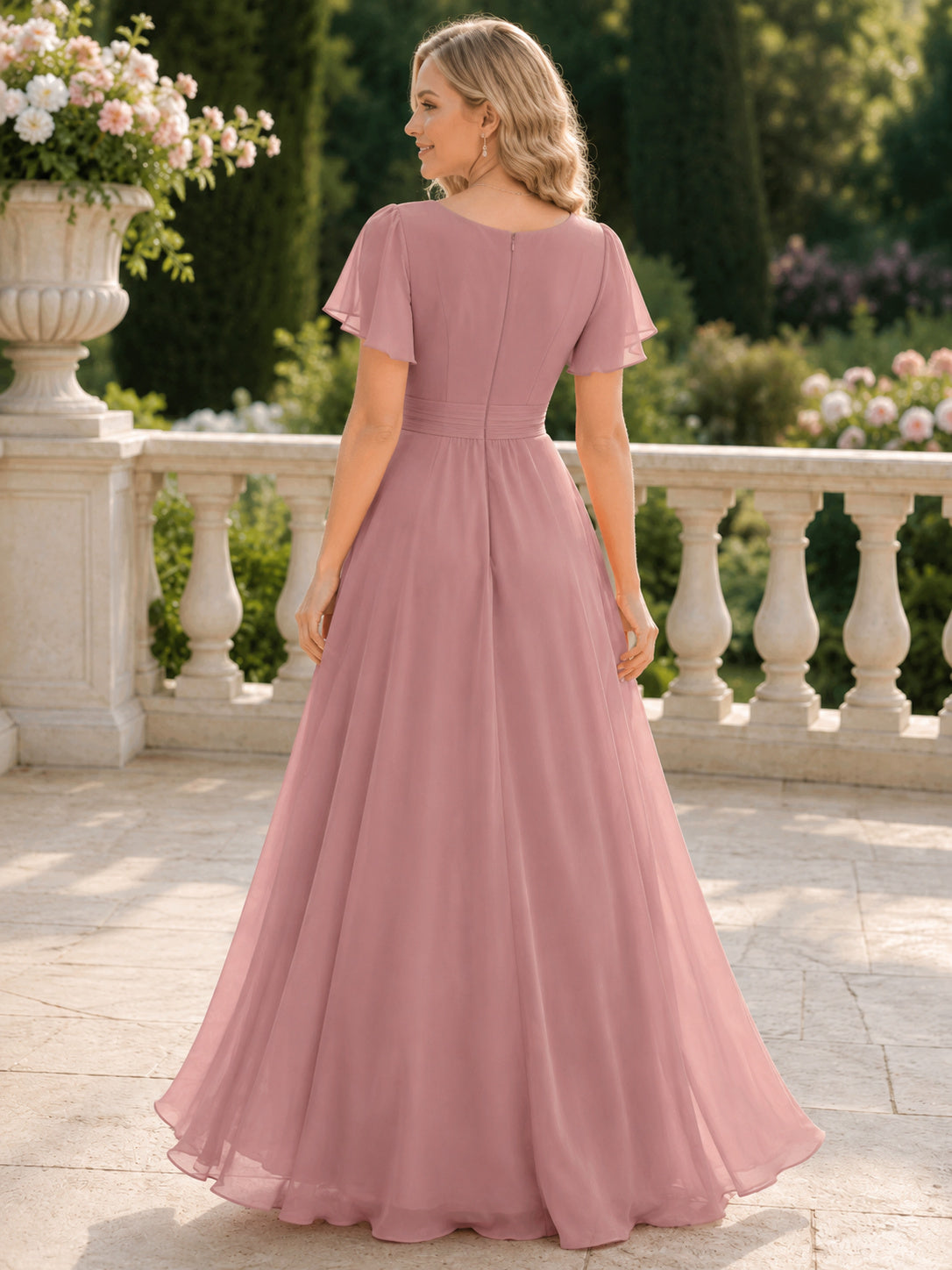 Dusty Rose V-Neck Chiffon Petite A-Line Dress back view