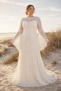 Plus Size Ivory High Neck Bell Sleeve Lace Tulle A-Line Wedding Dress with High Lace Neckline and Bell Sleeves front view