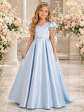 Sky Blue Satin A-Line Flower Girl Formal Dress with V-Neck Bow and Floor-Length Skirt front view