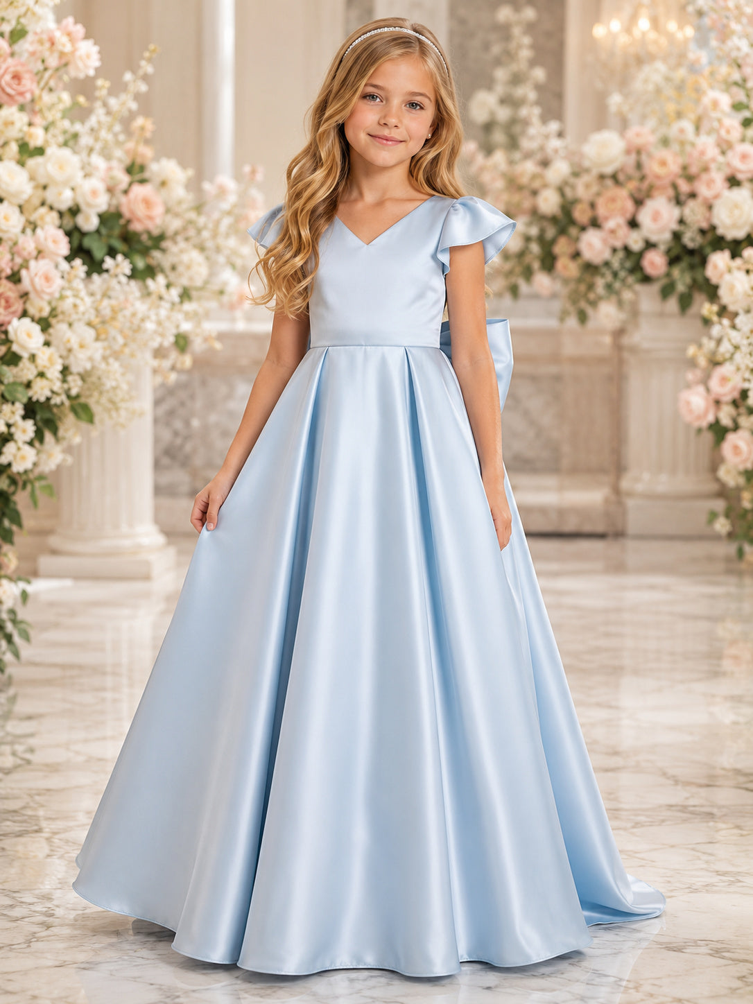 Sky Blue Satin A-Line Flower Girl Formal Dress with V-Neck Bow and Floor-Length Skirt front view