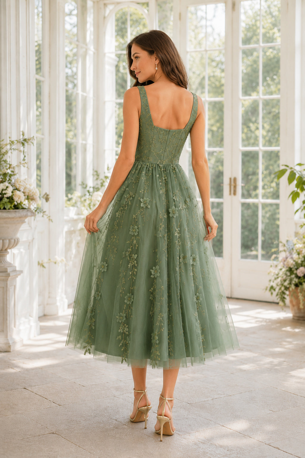 Sage Tea-Length Tulle A-Line Party Dress with Floral Applique back view