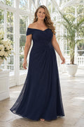 Dark Navy Off Shoulder Chiffon A-Line Mother Dress with Beaded Side Detail front view