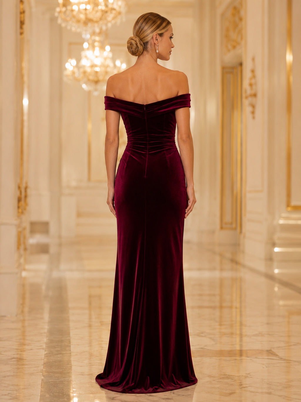 Burgundy Velvet Off-the-shoulder Formal Guest Dress back view