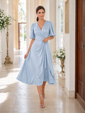 Powder Blue V Neck Wrap Chiffon Christening Guest Midi Dress front view