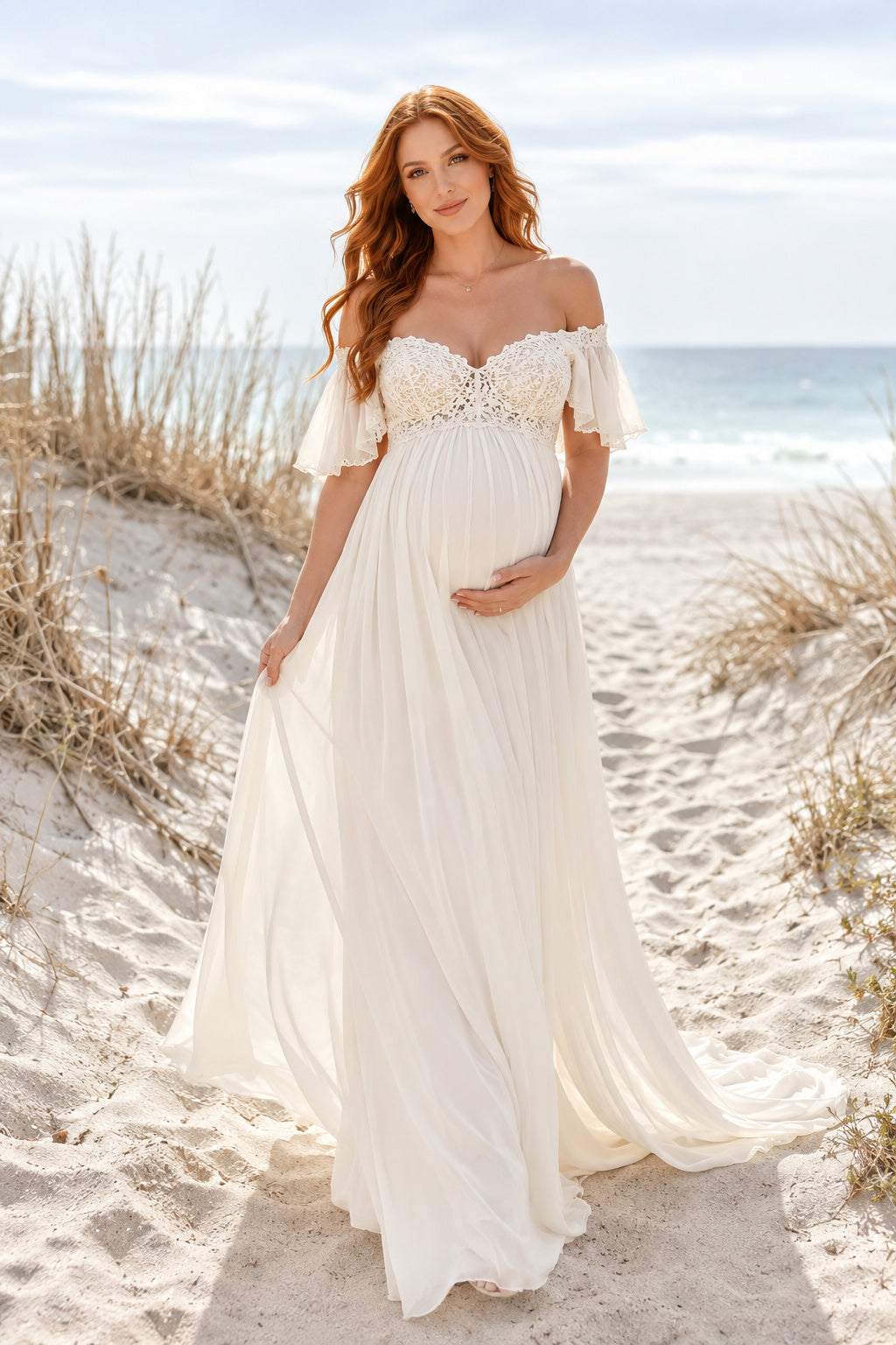 Ivory Off-the-Shoulder Chiffon Maternity Wedding Dress with Lace Bodice front view