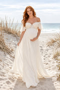 Ivory Off-the-Shoulder Chiffon Maternity Wedding Dress with Lace Bodice front view