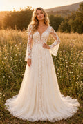 Ivory Long Bell Sleeve Lace A-Line Wedding Dress with V-Neck and Train front view