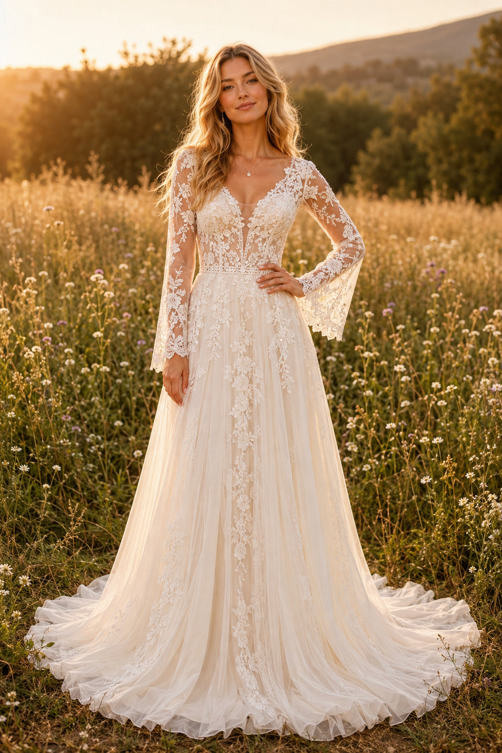 Ivory Long Bell Sleeve Lace A-Line Wedding Dress with V-Neck and Train front view