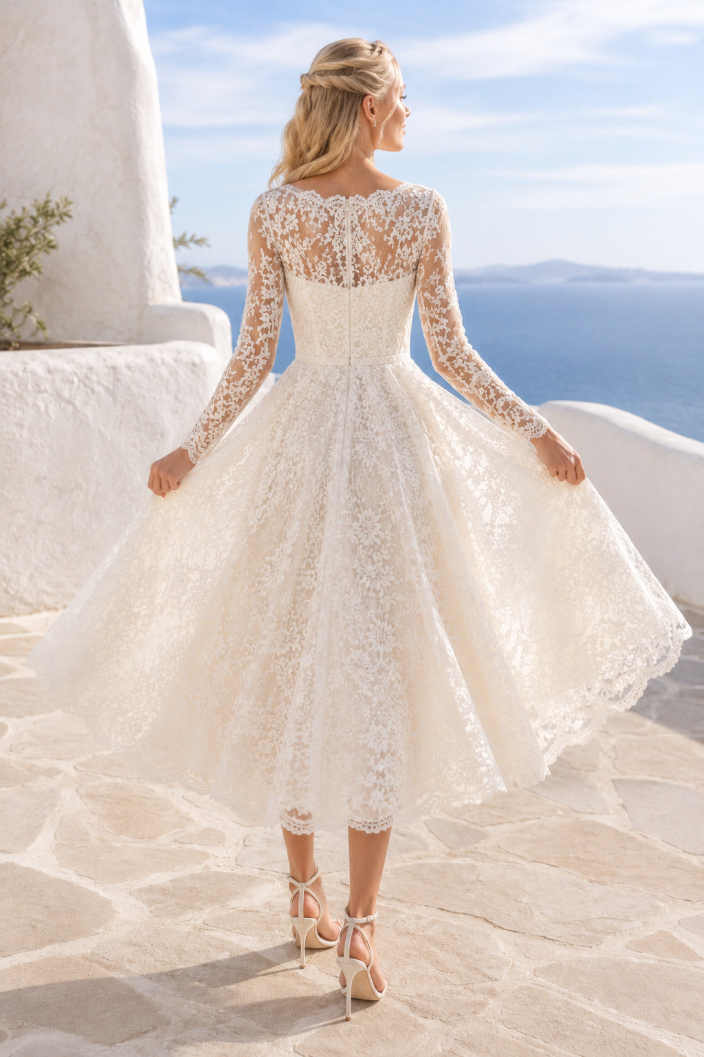 Ivory High Neck Long Sleeve Lace Tulle Tea-Length Wedding Dress with Long Lace Sleeves and Scalloped Hem back view